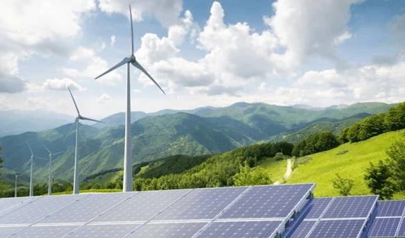Solar panels and wind turbines harnessing renewable energy in the picturesque mountain landscape.