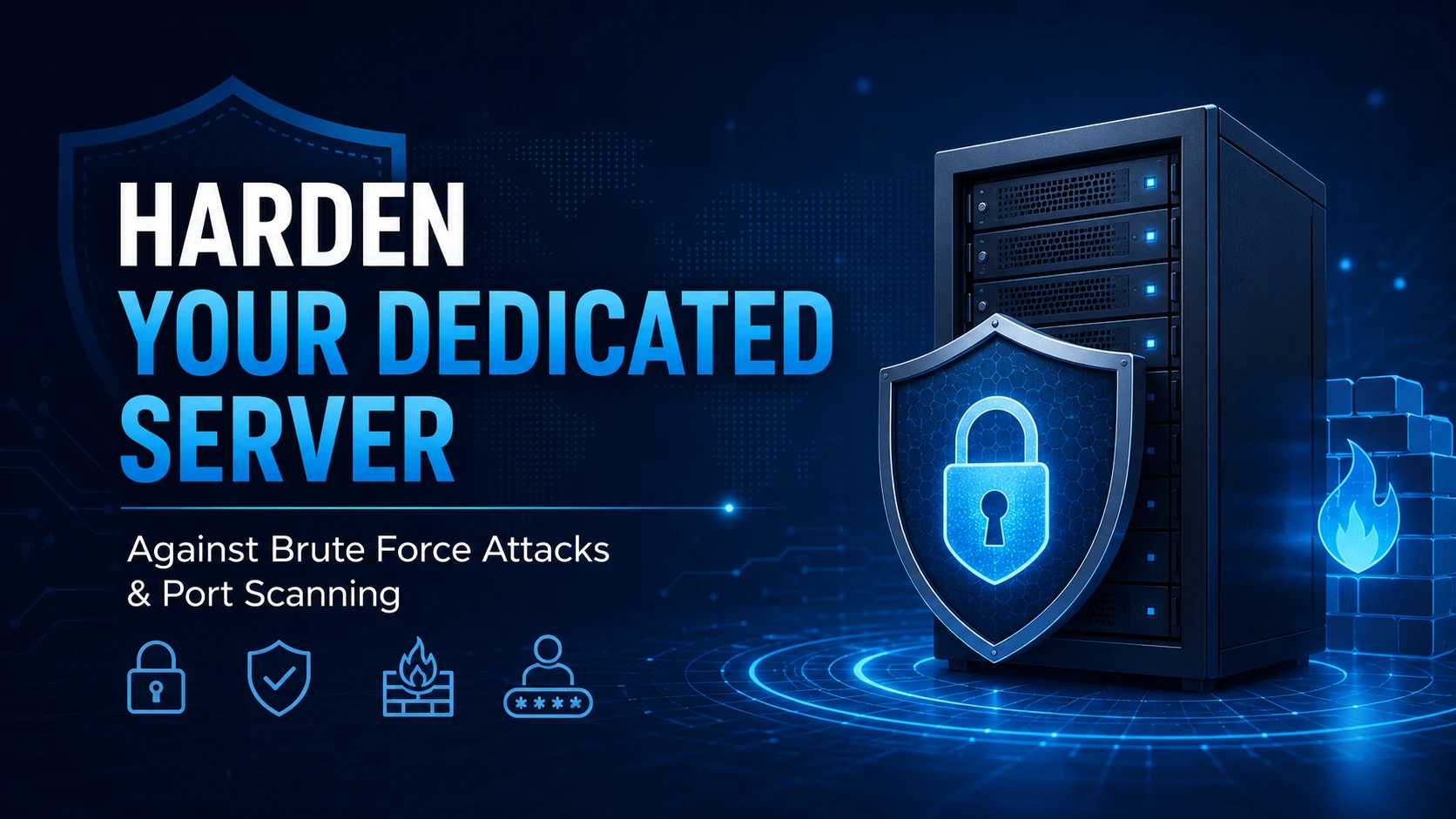 Illustration of a secured dedicated server with firewall layers blocking unauthorized login attempts and port scans