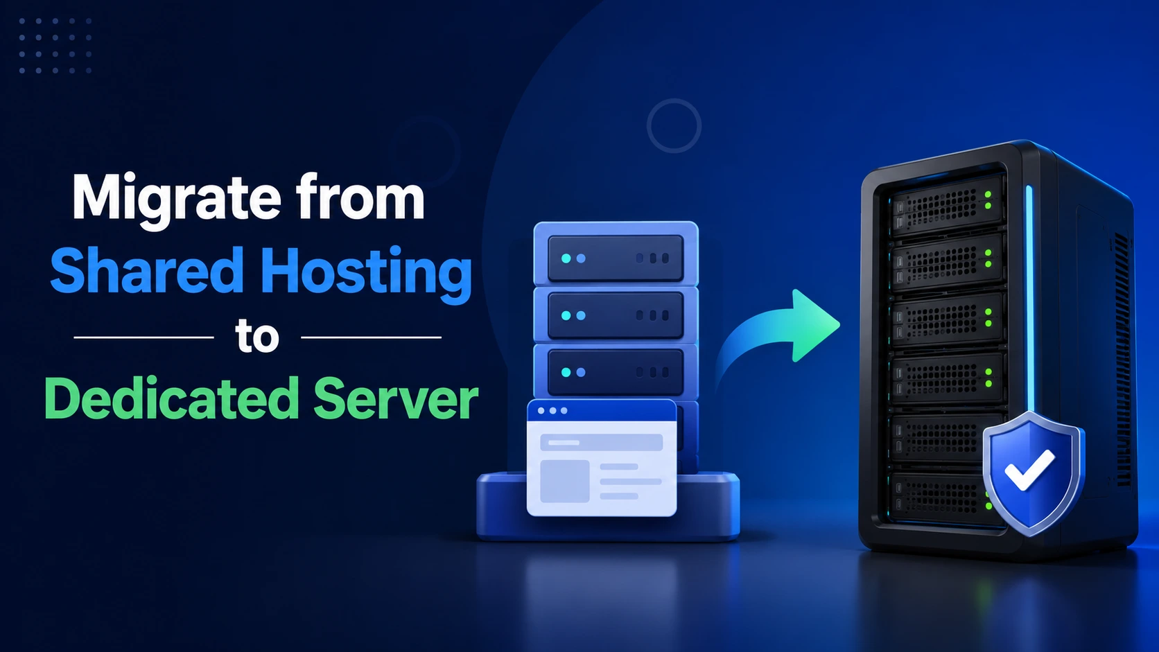 Illustration showing a website data transfer from a crowded shared hosting environment to an isolated dedicated server