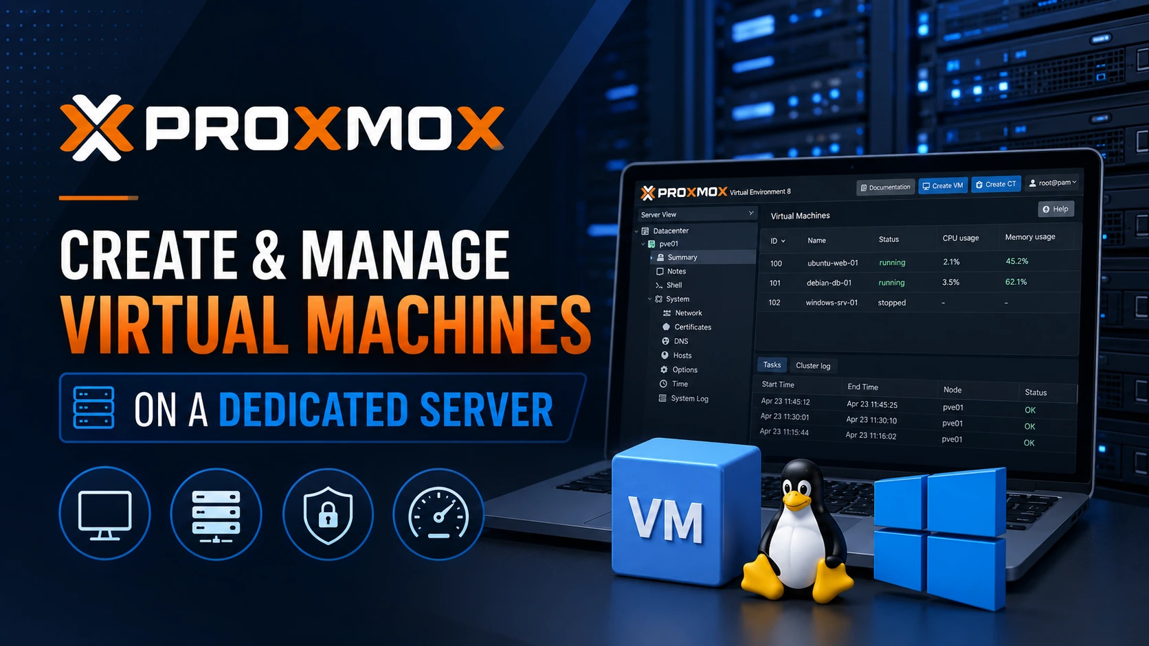 Proxmox VE web interface dashboard showing virtual machine management and server node statistics